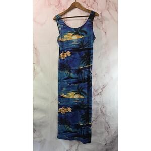 Vintage Hawaiian Dress Womens Medium Blue Midi Maxi Floral Tank 90s Tiki